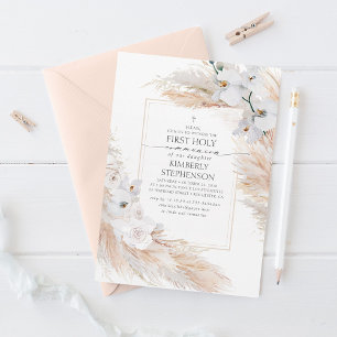Pampas Grass and White Orchids First Communion Inbjudningar