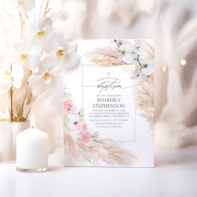 Pampas Grass and White Orchids Tropical Baptism Inbjudningar (Pampas Grass Boho Pink Baptism Invitations)