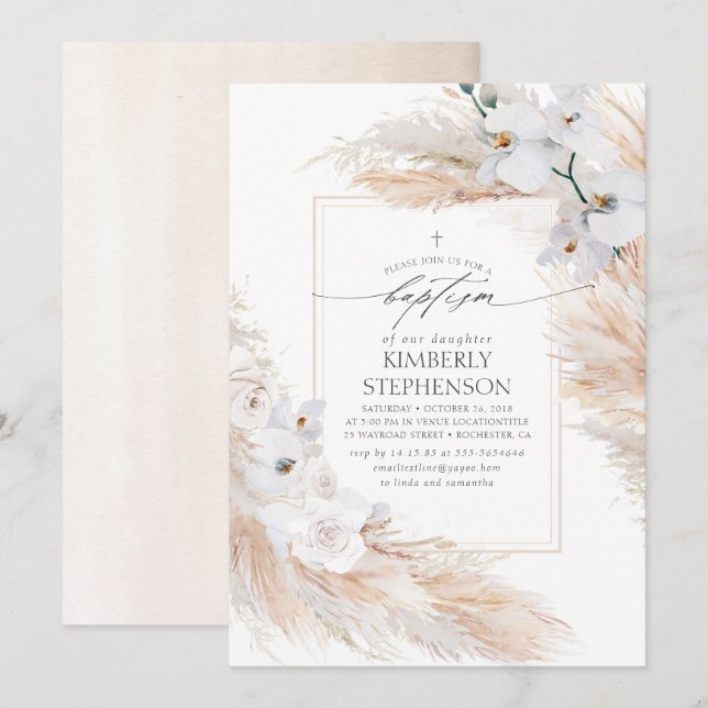 Pampas Grass and White Orchids Tropical Baptism Inbjudningar (Fram/baksida)