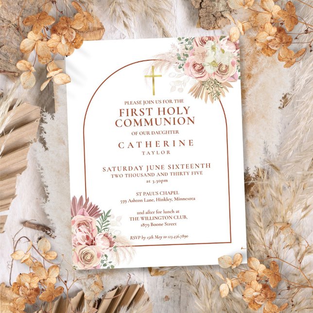 Pampas Grass Arch First Heliga Communion Inbjudan Vykort (Pampas Grass Arch First Holy Communion Invitation Postcard)