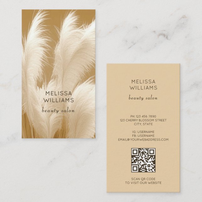 Pampas Grass Beige Sepia Photo | QR  Code Visitkort (Fram/baksida)
