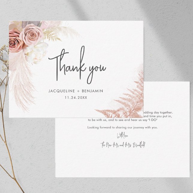 Pampas Grass Blommigt Bröllop - tackkort Anteckningskort (Pampas Grass Script Typography Wedding Thank You Note Card)