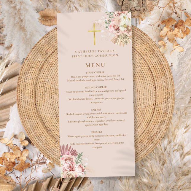 Pampas Grass Blommigt Första Heligan Kommunision Meny (Pampas Grass Floral First Holy Communion Menu)