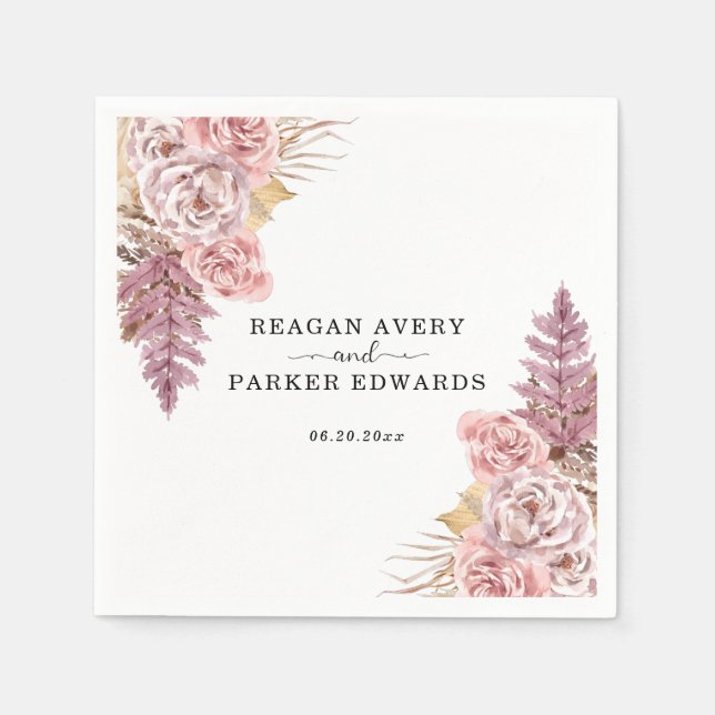 Pampas Grass Blommigt Lila Personligt bröllp Pappersservett (Framsidan)