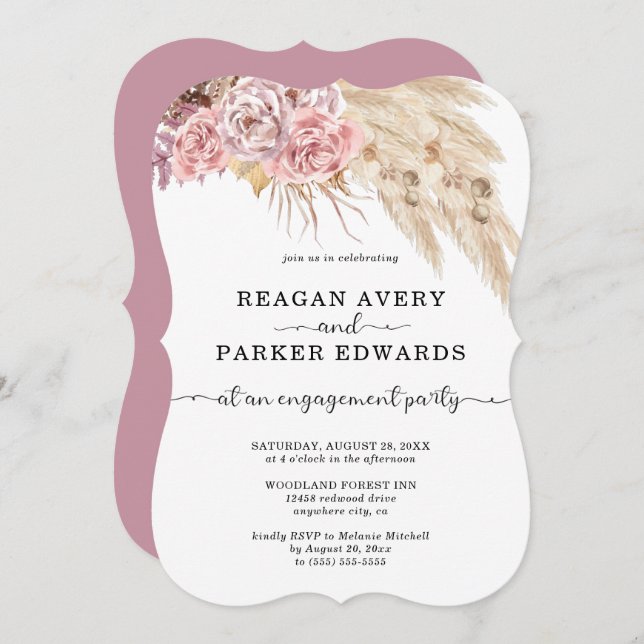 Pampas Grass Blommigt Ro och Lila Förlovning Inbjudningar (Fram/baksida)