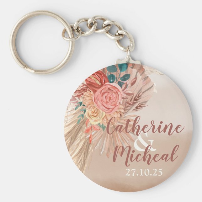 Pampas Grass Blommigt Terracotta Boho Chic Bröllop Nyckelring (Framsidan)