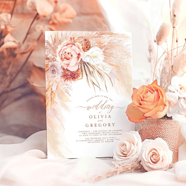 Pampas Grass Blommigt Terracotta bröllopsinbjudan Inbjudningar (Terracotta Boho Wedding Invitations)