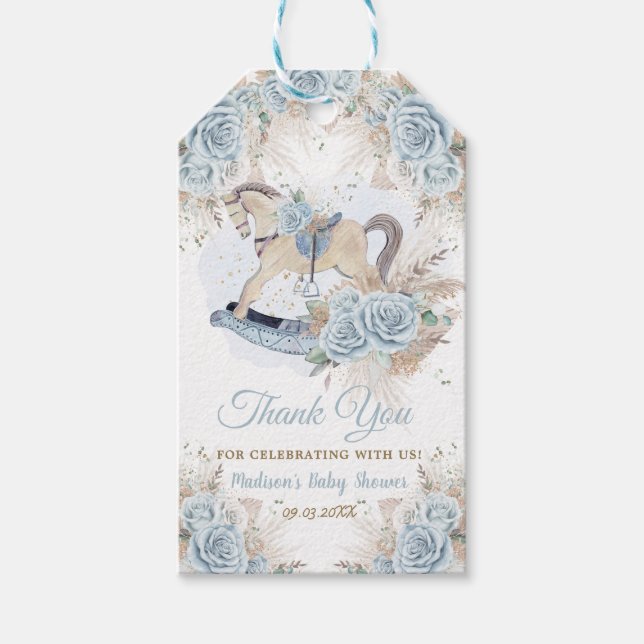 Pampas Grass Blue Blommigt Rocking Horse Baby Show Presentetikett (Framsidan)