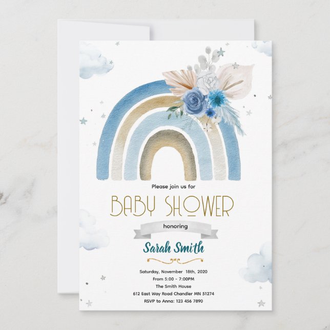 Pampas Grass blue boho rainbow invitation Inbjudningar (Framsida)