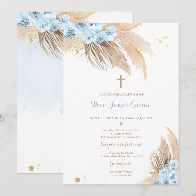 Pampas Grass Bohemian Baptism Boho Christening Inbjudningar (Fram/baksida)