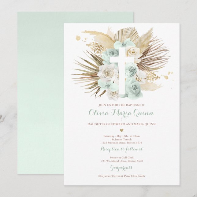 Pampas Grass Bohemian Baptism Boho Christening Inbjudningar (Fram/baksida)