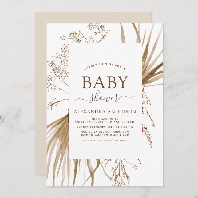 Pampas Grass Bohemian Boho Baby Shower Inbjudningar (Fram/baksida)