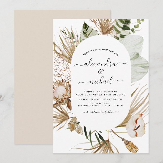 Pampas Grass Bohemian Boho Tropical Bröllop Invita Inbjudningar (Fram/baksida)