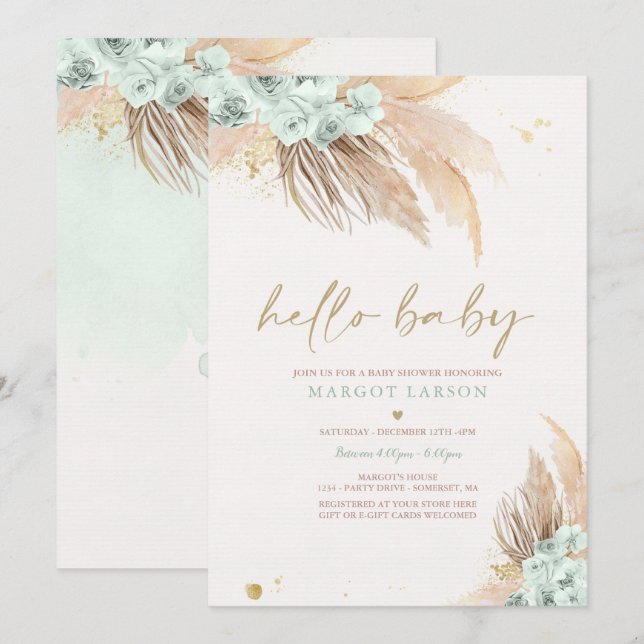 Pampas Grass Bohemian Sage Grönt Baby Shower Inbjudningar (Fram/baksida)