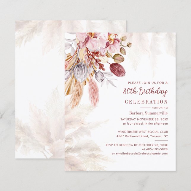 Pampas Grass Boho 80:e Födelsedagsfest inbjudan (Fram/baksida)