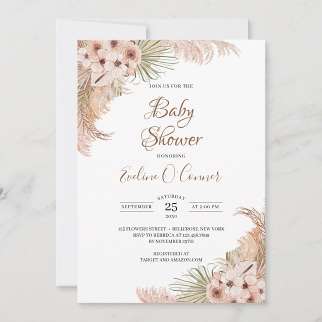 Pampas Grass Boho Baby Shower för torkat Handflata Inbjudningar (Framsida)