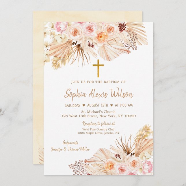 Pampas Grass Boho Blommigt Baptism Inbjudningar (Fram/baksida)