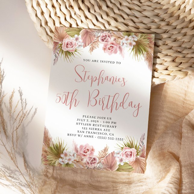  Pampas Grass Boho Blommigt Birthday Inbjudningar (Boho Blush Floral Birthday Invite)