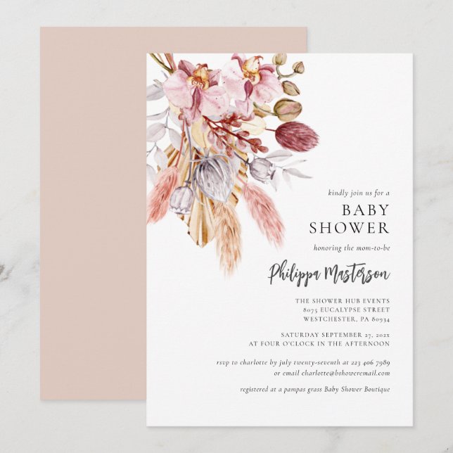 Pampas Grass Boho Blommigt Girl Baby Shower Inbjudningar (Fram/baksida)
