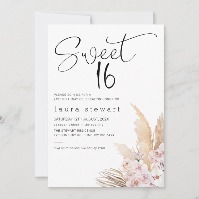 Pampas Grass Boho Blommigt Sweet 16:e födelsedagen Inbjudningar (Framsida)