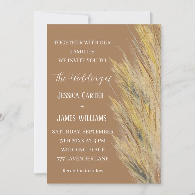 Pampas Grass Boho Bohemian Grass Simple Bröllop Inbjudningar (Framsida)