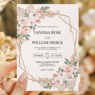 Pampas Grass Boho Bröllop Guld Geometric Inbjudningar