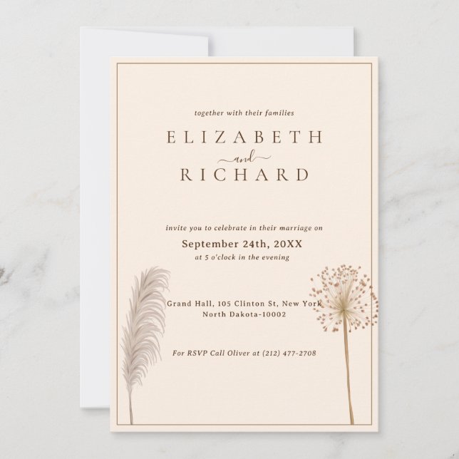Pampas Grass Boho Elegant bröllop Inbjudningar (Framsida)