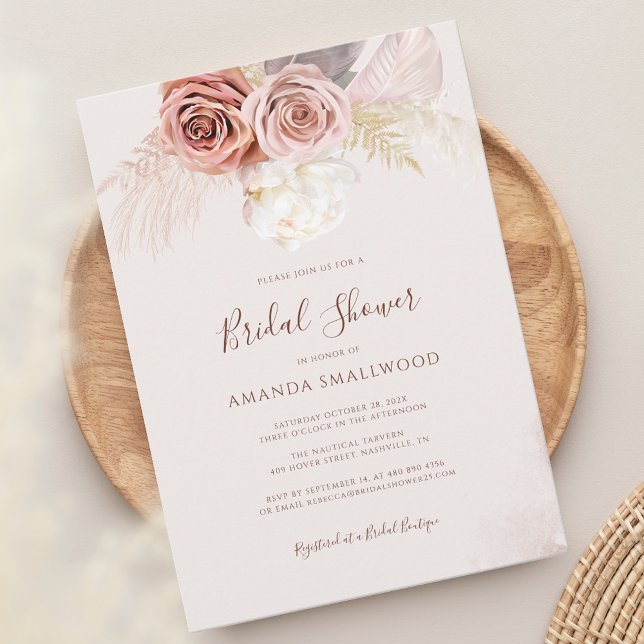 Pampas Grass Boho Fall Möhippa Inbjudningar (Pampas Grass Terracotta Script Bridal Shower Invitation)