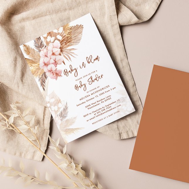 Pampas Grass Boho Girl Baby Shower Inbjudningar (Pampas Grass Baby in Bloom Shower Script Invitation)