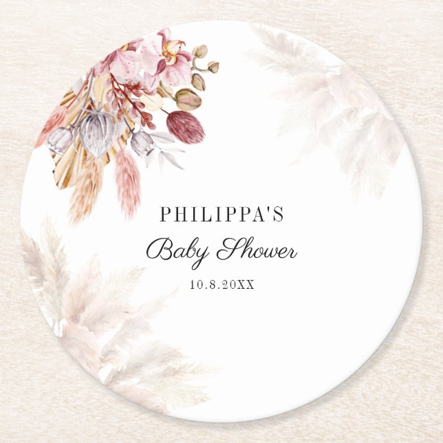 Pampas Grass Boho Girl Baby Shower Underlägg Papper Rund (Framsidan)