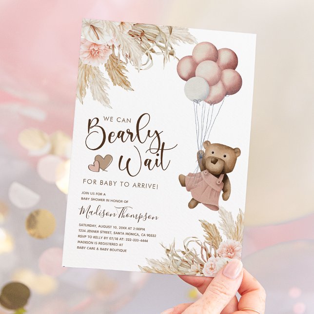 Pampas Grass Boho Girl Bear Baby Shower-inbjudan Inbjudningar (Skapare uppladdad)