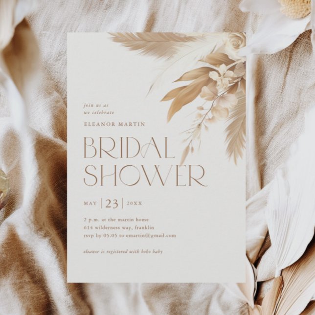 Pampas Grass Boho Neutralt Möhippa Inbjudningar (Pampas grass elegant type boho neutral bridal shower invitation.)