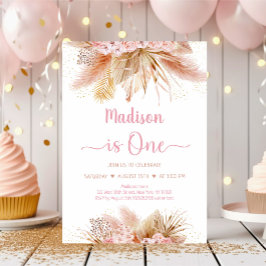 Pampas Grass Boho Rosa Blommigt Första födelsedage Inbjudningar