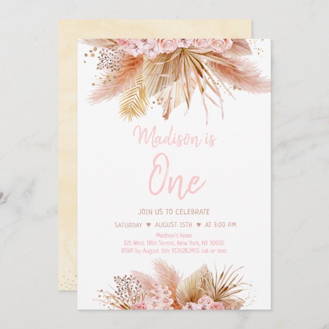 Pampas Grass Boho Rosa Blommigt Girl Birthday Inbjudningar (Fram/baksida)