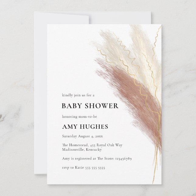 Pampas Grass Boho  Rosa Guld Baby Shower Inbjudningar (Framsida)