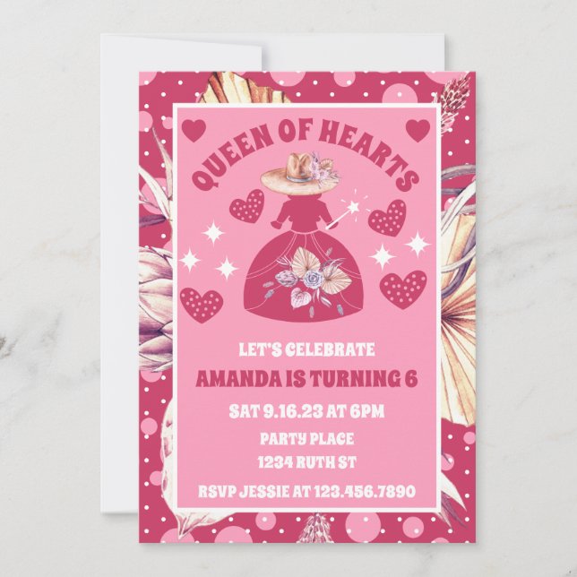 Pampas Grass Boho Rosa Queen of Hearts Birthday Inbjudningar (Framsida)