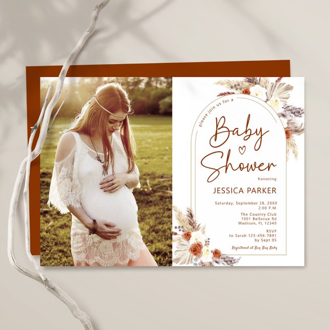 Pampas Grass Boho Terracotta Photo Baby Shower Inbjudningar (Skapare uppladdad)