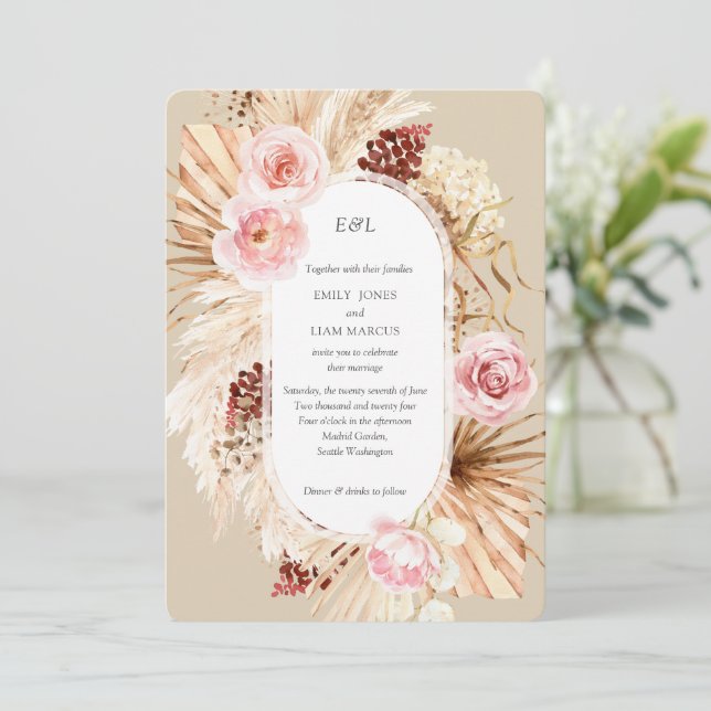 Pampas Grass Boho vattencolor Beige Bröllop Inbjudningar (Stående Fram)