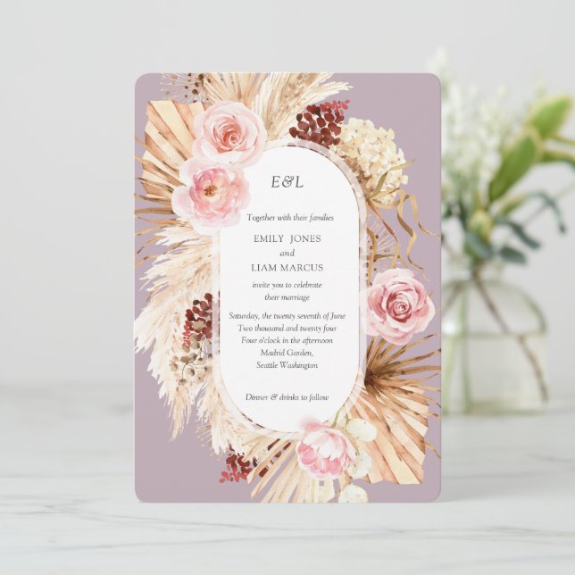 Pampas Grass Boho vattencolor Mauve Blommigt Bröll Inbjudningar (Stående Fram)