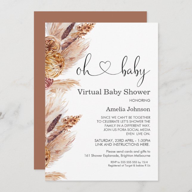 Pampas Grass Boho Virtuell Baby Shower-inbjudan Inbjudningar (Fram/baksida)