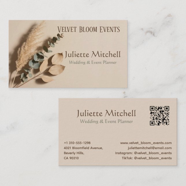 Pampas Grass Boho Wedding Planner Business Card Visitkort (Fram/baksida)