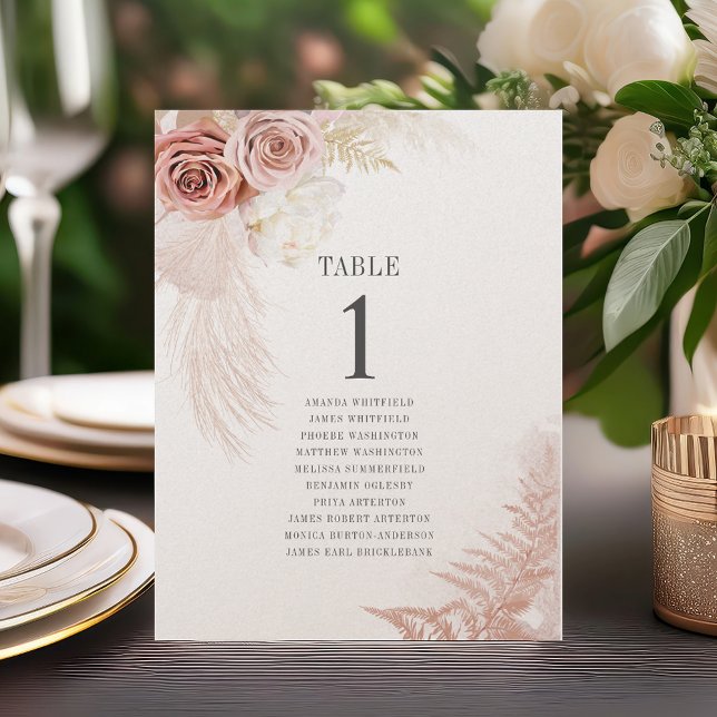 Pampas Grass Bordsnummer 1 Bröllop Sittdiagram (Pampas Grass Table Number 1 Wedding Seating Chart)