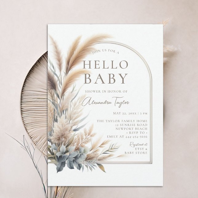 Pampas Grass Botanical Boho Neutralt Baby Shower Inbjudningar (pampas grass hello baby shower invitation gender neutral watercolor greenery botanical foliage boho )