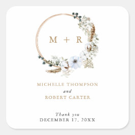 Pampas Grass Bröllop Boho Terracotta Monogram Chic Fyrkantigt Klistermärke