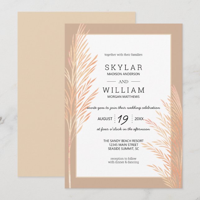 Pampas Grass Bröllop Watercolor Chic Neutralt Inbjudningar (Fram/baksida)
