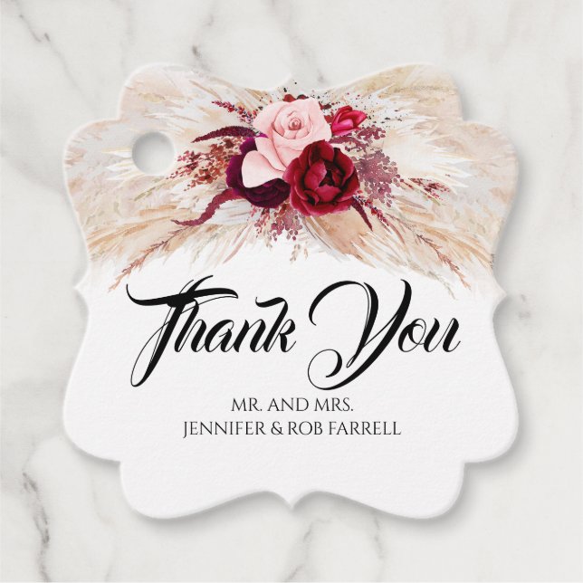 Pampas Grass Burgundy Red Blommigt Modern Bröllop Gåvor Etiketter (Framsida)