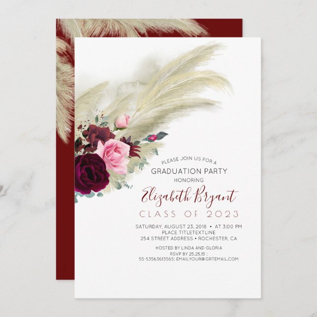 Pampas Grass Burgundy Red Blommigt Studenten Inbjudningar (Fram/baksida)