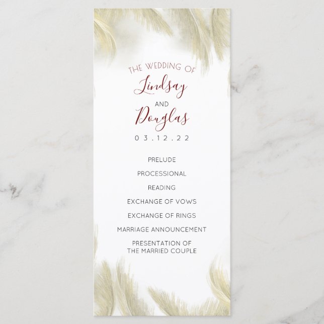 Pampas Grass Burgundy Red Bröllopsprograms Program (Framsida)