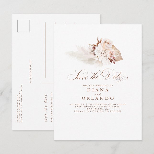 Pampas Grass Cream Flowers Exotic Save Date Meddelande Vykort (Fram/baksida)