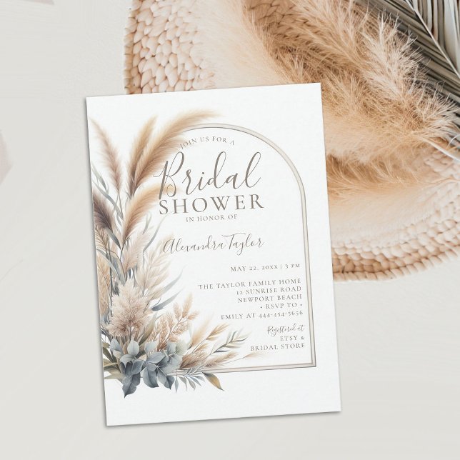 Pampas Grass Dried Flowers Boho Arch Möhippa Inbjudningar (pampas grass bridal shower invitation boho arch dried flowers muted greens white minimalist bohemian)